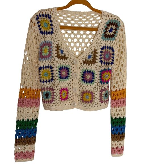 Shenhe Granny Square Crochet Cardigan Boho Sweater Crop Floral S - Picture 8 of 12